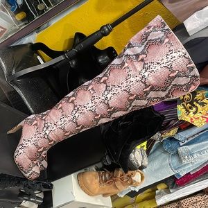 NEW PrettyLittleThings over-the-knee boots, 3.5in heel, PINK Faux Animal Print